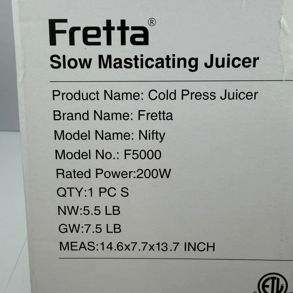 Fretta F5000 Nifty Slow Masticating Juicer 200W Cold Press Black BPA Free